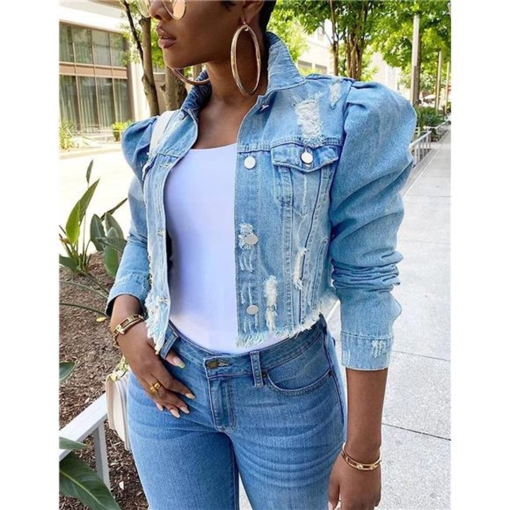 Light Wash Denim Jacket Puff Sleeve Distressed Blue Denim Cropped‎ Jackets Top